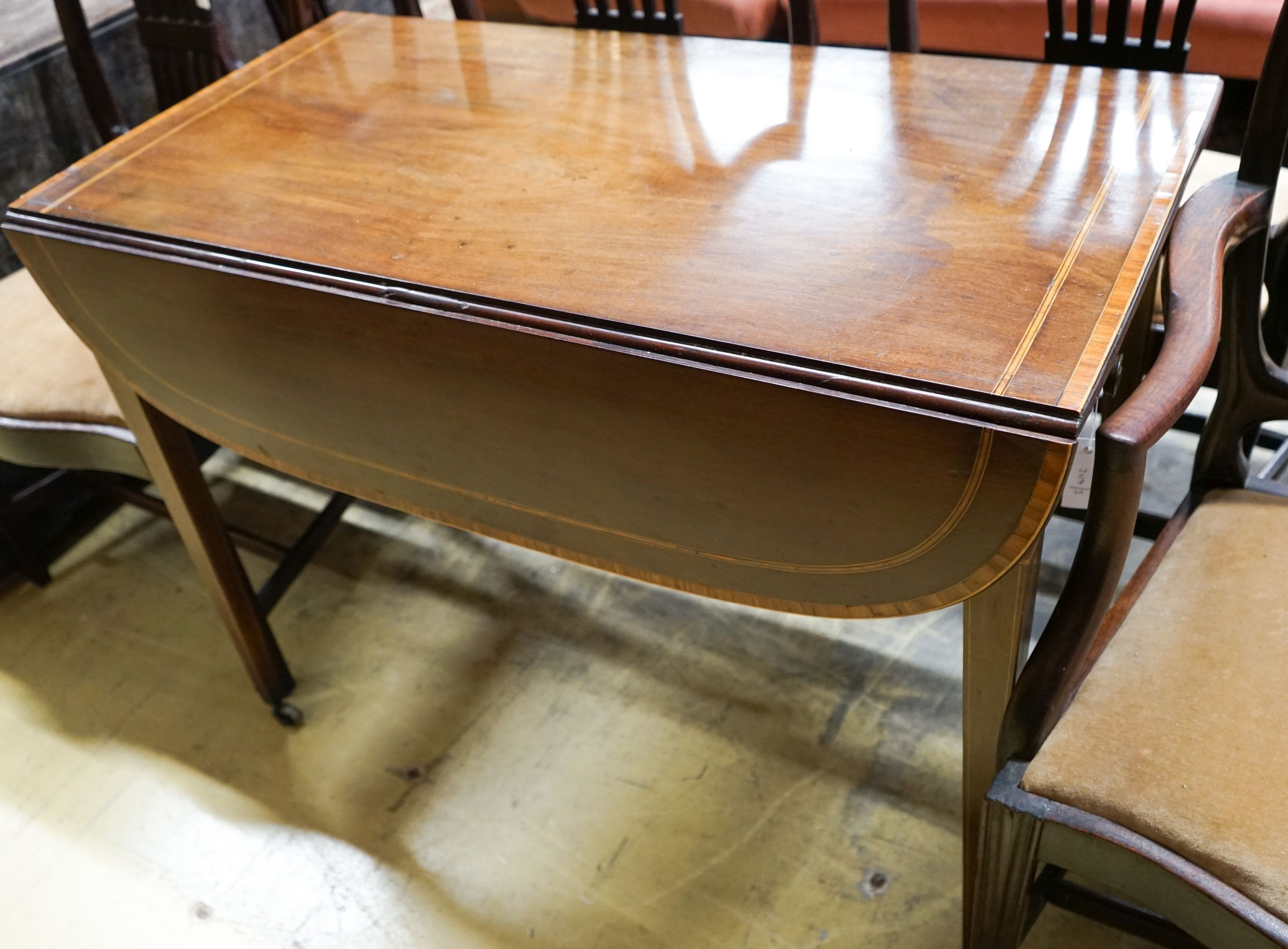 A George III satinwood banded mahogany Pembroke table, width 96cm, depth 52cm, height 73cm